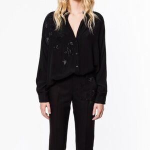 Zadig & Voltaire Tamara Strass Long Sleeve Rhinestone Stars Button Up Shirt - XS